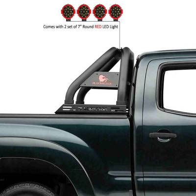 CLASSIC Roll Bar With 2 pairs of 7.0" Red Trim Rings LED Flood Lights-Black-2005-2023 Toyota Tacoma|Black Horse Off Road