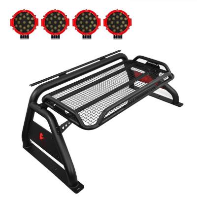 ATLAS Roll Bar Ladder Rack With 2 pairs of 7.0" Red Trim Rings LED Flood Lights-Black-Ram,Silverado and Sierra F-150/Titan/Tundra|Black Horse Off Road