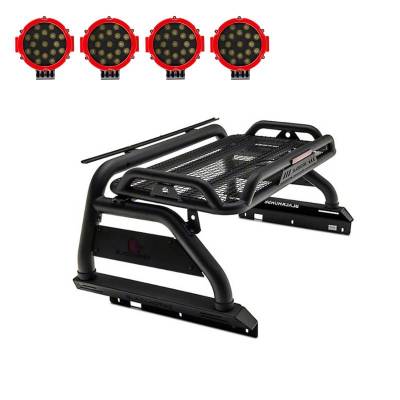 ATLAS Roll Bar Ladder Rack With 2 pairs of 7.0&quot; Red Trim Rings LED Flood Lights-Black-2020-2024 Jeep Gladiator|Black Horse Off Road