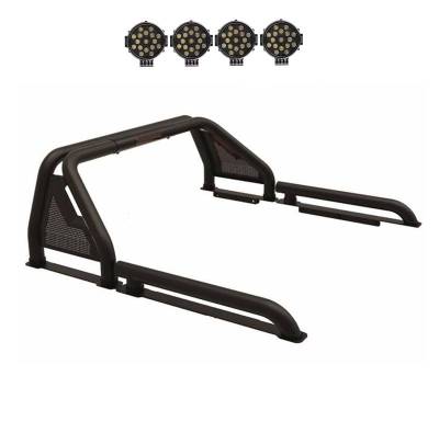 GLADIATOR Roll Bar Ladder Rack With 2 pairs of 7.0" Black Trim Rings LED Flood Lights-Black-Silverado/Sierra 14+,Ford F-150 15+,Dodge Ram 15+|Black Horse Off Road