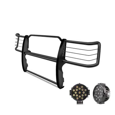 Grille Guard With Set of 7.0" Black Trim Rings LED Flood Lights-Black-Silverado 2500 HD/Silverado 3500 HD|Black Horse Off Road