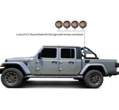 CLASSIC Roll Bar With 2 Sets of 5.3" Red Trim Rings LED Flood Lights-Black-2020-2023 Jeep Gladiator|Black Horse Off Road