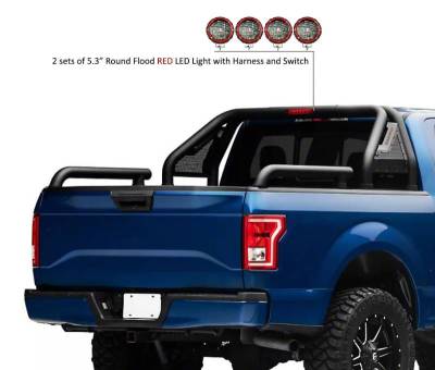 Black Horse Off Road - GLADIATOR Roll Bar Ladder Rack With 2 Sets of 5.3" Red Trim Rings LED Flood Lights-Black-Dodge/Ram 2500/3500, Chevrolet/GMC Silverado/Sierra 1500/2500 HD/3500/3500 HD, Ford F-150, Toyota Tundra, Nissan Titan|Black Horse Off Road - Image 24