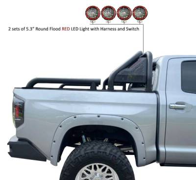 Black Horse Off Road - GLADIATOR Roll Bar Ladder Rack With 2 Sets of 5.3" Red Trim Rings LED Flood Lights-Black-Dodge/Ram 2500/3500, Chevrolet/GMC Silverado/Sierra 1500/2500 HD/3500/3500 HD, Ford F-150, Toyota Tundra, Nissan Titan|Black Horse Off Road - Image 26