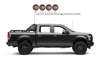 Black Horse Off Road - GLADIATOR Roll Bar Ladder Rack With 2 Sets of 5.3" Red Trim Rings LED Flood Lights-Black-Dodge/Ram 2500/3500, Chevrolet/GMC Silverado/Sierra 1500/2500 HD/3500/3500 HD, Ford F-150, Toyota Tundra, Nissan Titan|Black Horse Off Road - Image 28