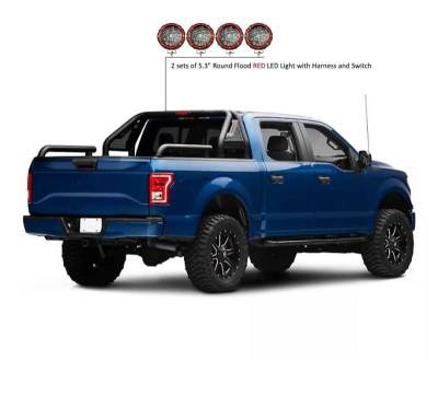 Black Horse Off Road - GLADIATOR Roll Bar Ladder Rack With 2 Sets of 5.3" Red Trim Rings LED Flood Lights-Black-Dodge/Ram 2500/3500, Chevrolet/GMC Silverado/Sierra 1500/2500 HD/3500/3500 HD, Ford F-150, Toyota Tundra, Nissan Titan|Black Horse Off Road - Image 32