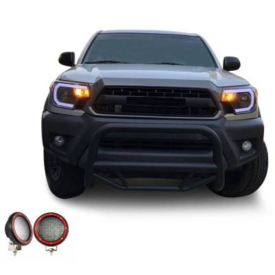 MAX Bull Bar With Set of 5.3" Red Trim Rings LED Flood Lights-Black-2005-2015 Toyota Tacoma|Black Horse Off Road