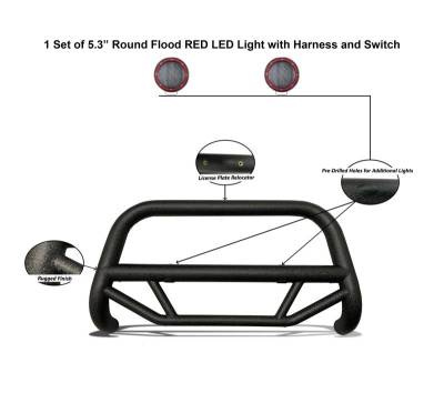 Black Horse Off Road - MAX T Bull Bar With Set of 5.3" Red Trim Rings LED Flood Lights-Textured Black-2007-2014 Toyota FJ Cruiser|Black Horse Off Road - Image 5