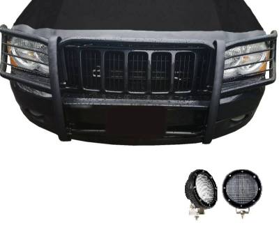 Grille Guard With Set of 5.3".Black Trim Rings LED Flood Lights-Black-2005-2010 Jeep Grand Cherokee|Black Horse Off Road