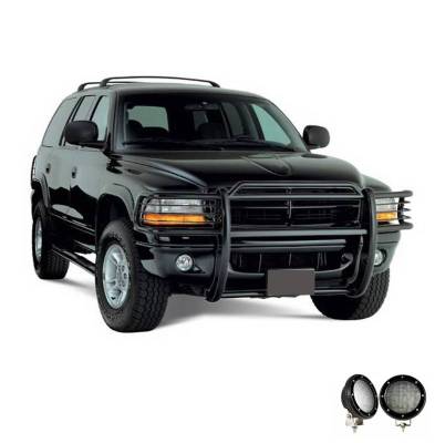 Grille Guard With Set of 5.3".Black Trim Rings LED Flood Lights-Black-Dakota/Durango|Black Horse Off Road