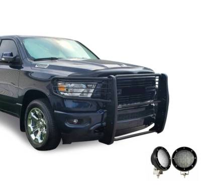 Black Horse Off Road - Grille Guard With Set of 5.3".Black Trim Rings LED Flood Lights-Black-2019-2024 Ram 1500|Black Horse Off Road - Image 24