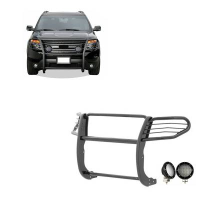 Grille Guard With Set of 5.3".Black Trim Rings LED Flood Lights-Black-2016-2019 Ford Explorer|Black Horse Off Road