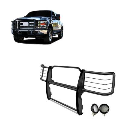 Grille Guard With Set of 5.3".Black Trim Rings LED Flood Lights-Black-Silverado 2500 HD/Silverado 3500 HD|Black Horse Off Road