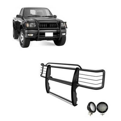 Grille Guard With Set of 5.3".Black Trim Rings LED Flood Lights-Black-2001-2004 Toyota Tacoma|Black Horse Off Road