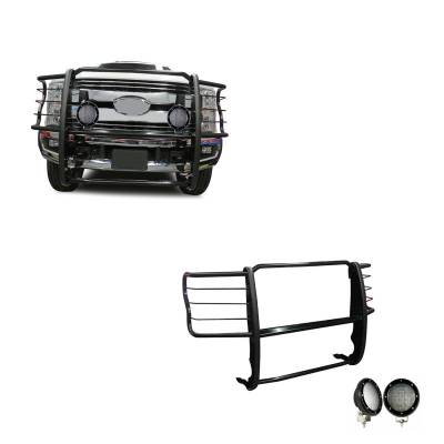 Grille Guard With Set of 5.3".Black Trim Rings LED Flood Lights-Black-F-250/F-350/F-450/F-550 SD|Black Horse Off Road