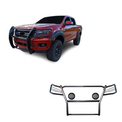 Grille Guard With Set of 5.3".Black Trim Rings LED Flood Lights-Black-2019-2023 Ford Ranger|Black Horse Off Road