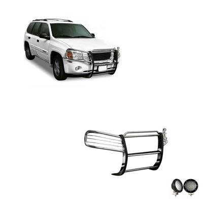 Grille Guard With Set of 5.3".Black Trim Rings LED Flood Lights-Stainless Steel-2002-2009 GMC Envoy|Black Horse Off Road