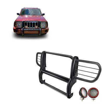 Grille Guard With Set of 5.3" Red Trim Rings LED Flood Lights-Black-2006-2010 Jeep Commander|Black Horse Off Road