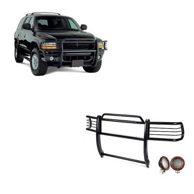 Grille Guard With Set of 5.3" Red Trim Rings LED Flood Lights-Black-Dakota/Durango|Black Horse Off Road