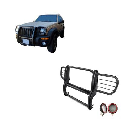 Grille Guard With Set of 5.3" Red Trim Rings LED Flood Lights-Black-2002-2007 Jeep Liberty|Black Horse Off Road