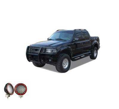 Black Horse Off Road - Grille Guard With Set of 5.3" Red Trim Rings LED Flood Lights-Black-Explorer/Mountaineer|Black Horse Off Road - Image 11