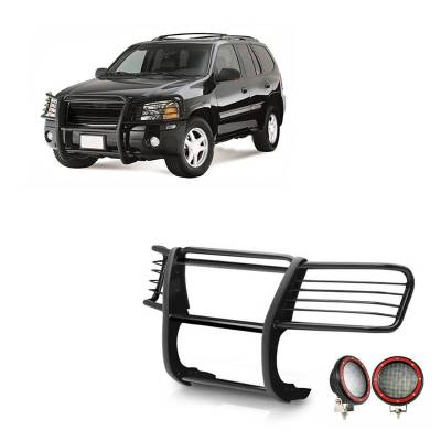 Grille Guard With Set of 5.3" Red Trim Rings LED Flood Lights-Black-Envoy/Envoy XL|Black Horse Off Road