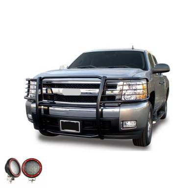 Grille Guard With Set of 5.3" Red Trim Rings LED Flood Lights-Black-2014-2018 Chevrolet Silverado 1500|Black Horse Off Road