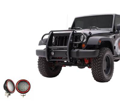 Grille Guard With Set of 5.3" Red Trim Rings LED Flood Lights-Black-2007-2017 Jeep Wrangler|Black Horse Off Road