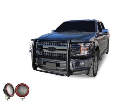 Black Horse Off Road - Grille Guard With Set of 5.3" Red Trim Rings LED Flood Lights-Black-2015-2024 Ford F-150|Black Horse Off Road - Image 6