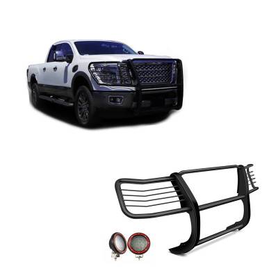 Grille Guard With Set of 5.3" Red Trim Rings LED Flood Lights-Black-2016-2024 Nissan Titan XD|Black Horse Off Road