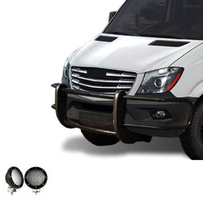 Black Horse Off Road - SPARTAN Grille Guard With Set of 5.3".Black Trim Rings LED Flood Lights-Black-Dodge,Mercedes and Freightliner Sprinter|Black Horse Off Road - Image 4