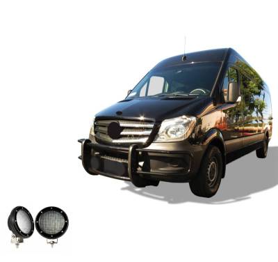 Black Horse Off Road - SPARTAN Grille Guard With Set of 5.3".Black Trim Rings LED Flood Lights-Black-Dodge,Mercedes and Freightliner Sprinter|Black Horse Off Road - Image 10