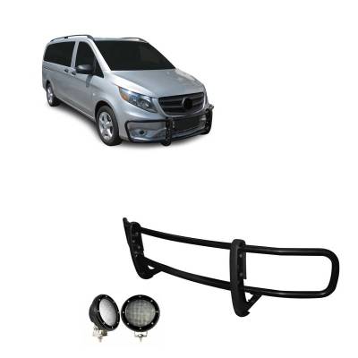 SPARTAN Grille Guard With Set of 5.3".Black Trim Rings LED Flood Lights-Black-2016-2023 Mercedes-Benz Metris|Black Horse Off Road