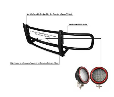 Black Horse Off Road - SPARTAN Grille Guard With Set of 5.3" Red Trim Rings LED Flood Lights-Black-Dodge,Mercedes and Freightliner Sprinter|Black Horse Off Road - Image 26