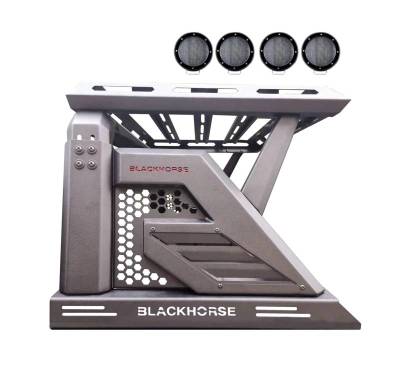 ARMOUR II Roll Bar Ladder Rack W/Basket With 2 Set of 5.3&quot;.Black Trim Rings LED Flood Lights-Black-2005-2024 Toyota Tacoma|Black Horse Off Road