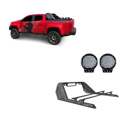 VIGOR Roll Bar W/ Cross Bar With Set of 9" Black Round LED Light-Black-Colorado/Canyon|Black Horse Off Road