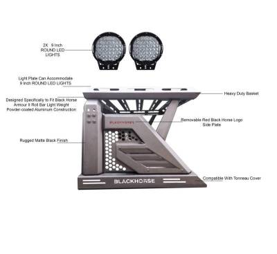 Black Horse Off Road - ARMOUR II Roll Bar Ladder Rack W/Basket With Set of 9" Black Round LED Light-Black-Silverado 1500/Sierra 1500/F-150/1500/Tundra|Black Horse Off Road - Image 14