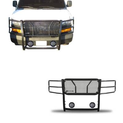 RUGGED Heavy Duty Grille Guard With Set of 5.3" Black Trim Rings LED Flood Lights-Black-2003-2014 Chevrolet Express 1500-Express 2500-Express 3500/2009-2024 Chevrolet Express 4500Chevrolet Express Cargo|Black Horse Off Road