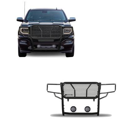 RUGGED Heavy Duty Grille Guard With Set of 5.3".Black Trim Rings LED Flood Lights-Black-Sierra 1500/Sierra 1500 Limited|Black Horse Off Road