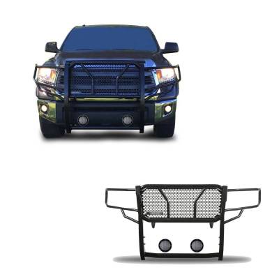 RUGGED Heavy Duty Grille Guard With Set of 5.3".Black Trim Rings LED Flood Lights-Black-Tundra/Sequoia|Black Horse Off Road