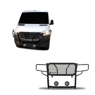 RUGGED Heavy Duty Grille Guard With Set of 5.3".Black Trim Rings LED Flood Lights-Black-Dodge,Mercedes and Freightliner Sprinter|Black Horse Off Road