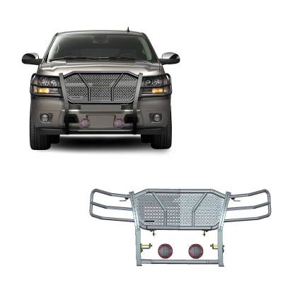 RUGGED Heavy Duty Grille Guard With Set of 5.3" Red Trim Rings LED Flood Lights-Black-Tahoe/Suburban 1500/Avalanche|Black Horse Off Road