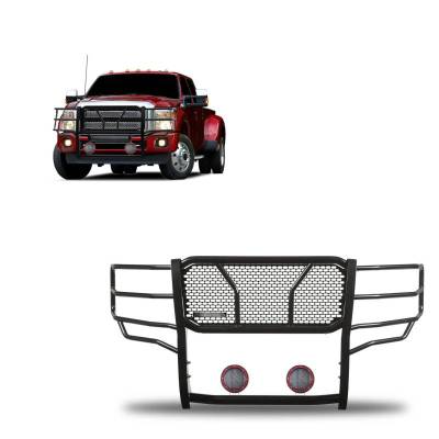 RUGGED Heavy Duty Grille Guard With Set of 5.3" Red Trim Rings LED Flood Lights-Black-F-250/F-350/F-450/F-550 SD|Black Horse Off Road