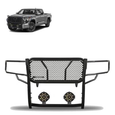 RUGGED Heavy Duty Grille Guard With Set of 7.0" Black Trim Rings LED Flood Lights-Black-2022-2024 Toyota Tundra|Black Horse Off Road