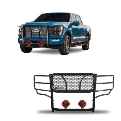 RUGGED Heavy Duty Grille Guard With Set of 7.0" Red Trim Rings LED Flood Lights-Black-2021-2023 Ford F-150|Black Horse Off Road