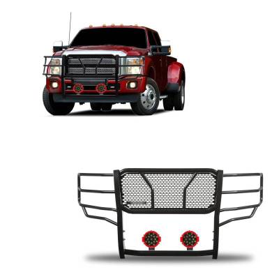 RUGGED Heavy Duty Grille Guard With Set of 7.0" Red Trim Rings LED Flood Lights-Black-F-250/F-350/F-450/F-550 SD|Black Horse Off Road