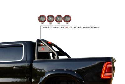 CLASSIC Roll Bar With 2 Sets of 5.3" Red Trim Rings LED Flood Lights-Black-Ram 1500/1500|Black Horse Off Road