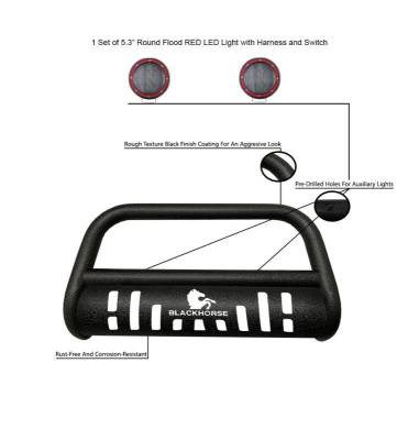 Black Horse Off Road - Bull Bar-T With Set of 5.3" Red Trim Rings LED Flood Lights-Textured Black-2011-2013 Toyota Highlander|Black Horse Off Road - Image 6