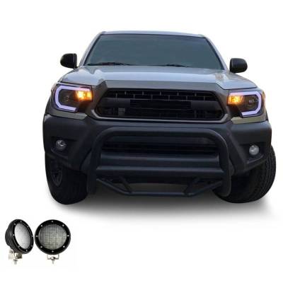 MAX Bull Bar With Set of 5.3".Black Trim Rings LED Flood Lights-Black-2005-2015 Toyota Tacoma|Black Horse Off Road