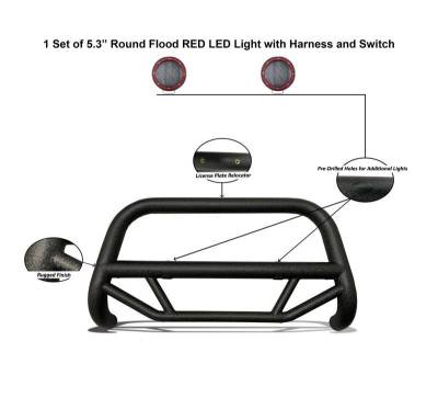 Black Horse Off Road - MAX T Bull Bar With Set of 5.3" Red Trim Rings LED Flood Lights-Textured Black-2007-2014 Toyota FJ Cruiser|Black Horse Off Road - Image 6